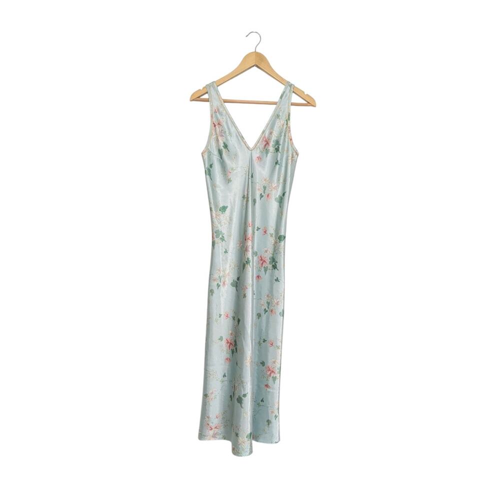 Vintage Halston Floral Satin Slip Dress Night Gown Blue Nightie Womens Small